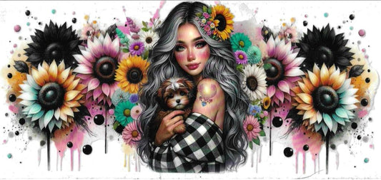 Tattoo Girl with dog & Sunflower